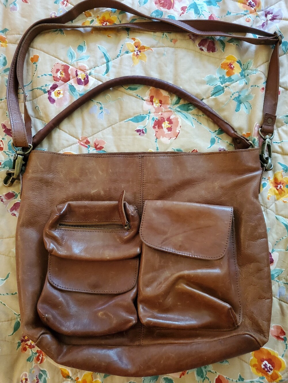 Large Brown Leather Crossbody Tote with Front Pockets